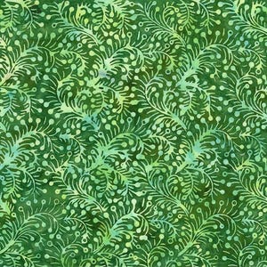 May include: Green fabric with a repeating pattern of stylized leaves and dots. The design features shades of green and light green, creating a textured, organic look. The fabric appears to be cotton or a similar material.