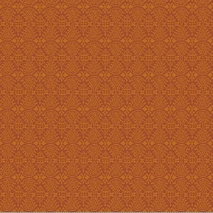 May include: A fabric featuring a repeating geometric pattern in shades of burnt orange and copper. The design consists of symmetrical diamond shapes and curved lines arranged in a dense, interlocking grid across the entire surface of the material.