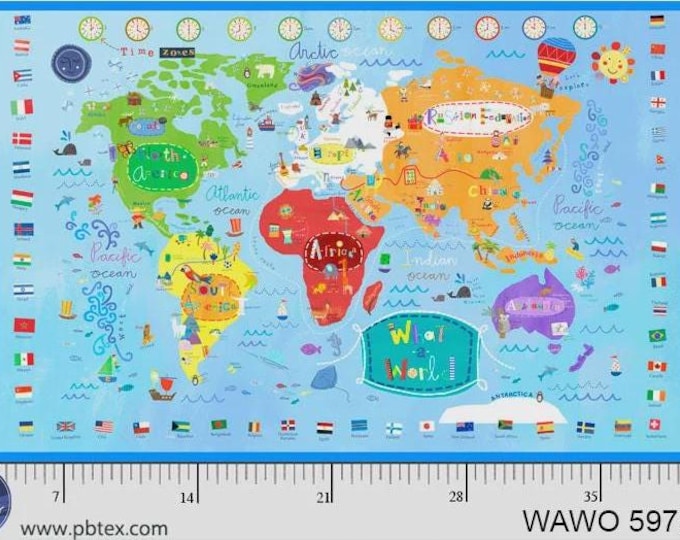 What A World World Map Panel (43" x 24"), 100% Cotton, WAWO 5978 PA