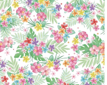 Flamingo Pals - Tropical Flowers White by Andy Metz for Benartex Designer Fabrics, 100% Cotton Fabric,14298-09