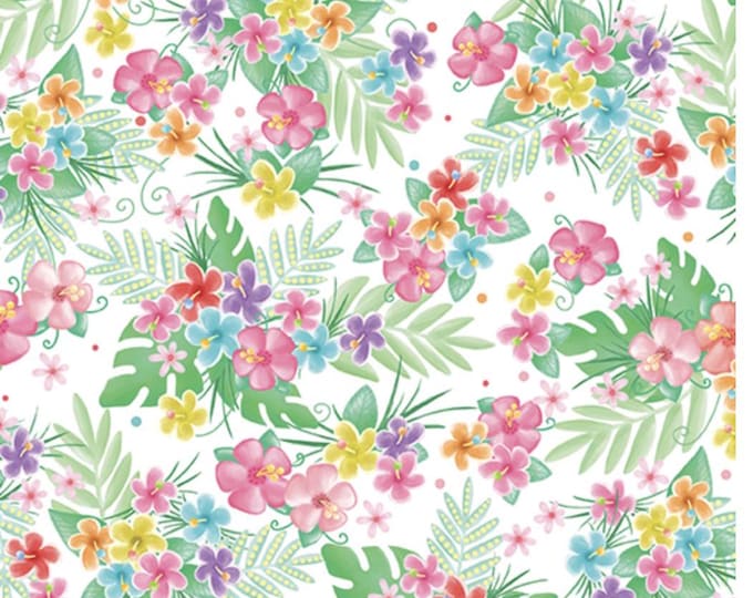 Flamingo Pals - Tropical Flowers White by Andy Metz for Benartex Designer Fabrics, 100% Cotton Fabric,14298-09