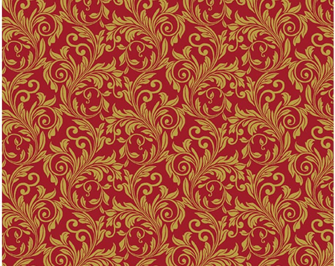 Festive Scroll-Crimson Enhanced with Metallic Gold - Festive Medley by Jackie Robinson, Benartex Designer Fabrics, 100% Cotton, 6872M-23