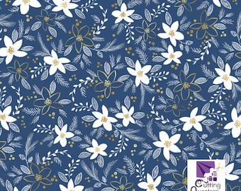 Joyful - Holiday Floral Toss Blue with Metallic Highlights, 100% Cotton, JOYF 5892 B