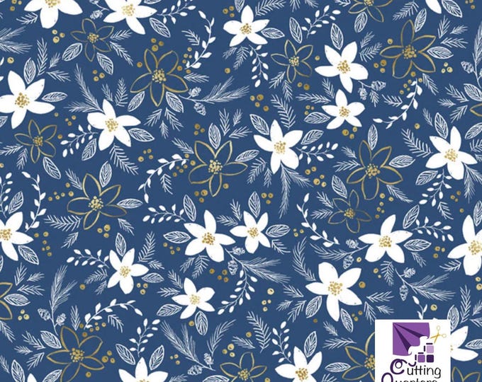 Joyful - Holiday Floral Toss Blue with Metallic Highlights, 100% Cotton, JOYF 5892 B