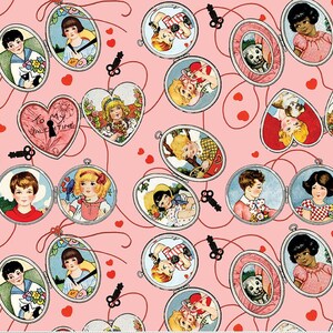 May include: A pink fabric featuring vintage-style lockets and heart-shaped lockets with illustrations of children, flowers, and pets. The lockets are connected by red strings and interspersed with small red hearts and black key charms.