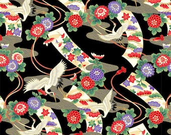 Tsuru Cranes and Ribbons Black with Gold Metallic, 100% Cotton, TSUR 5258 K