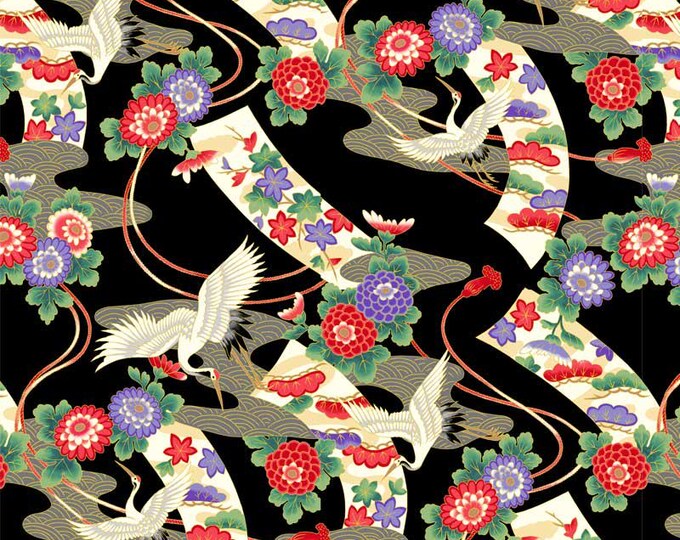 Tsuru Cranes and Ribbons - Black with Gold Metallic Highlights by P&B Textiles, 100% Premium Cotton Fabric, TSUR 5258 K