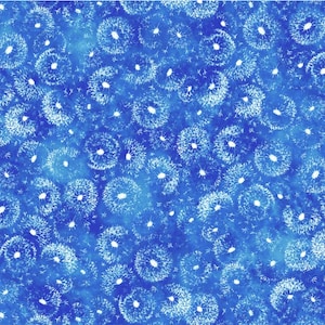 May include: A blue watercolor background with white dandelion seed heads scattered throughout. The dandelion seeds are in various sizes and shapes, creating a whimsical and organic pattern.