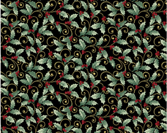 Holly and Scroll-Black Enhanced with Metallic Gold, Festive Medley by Jackie Robinson, Benartex Designer Fabrics, 100% Cotton, 13188M-12