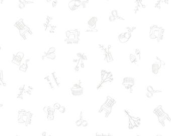 Lights On Sew Time, White-on-White, 100% Cotton, C14478-SEWTIME