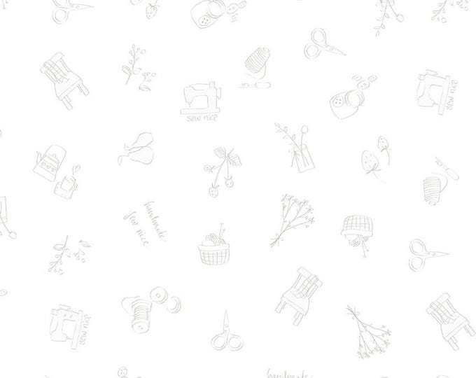 Lights On Sew Time, White-on-White, 100% Cotton, C14478-SEWTIME