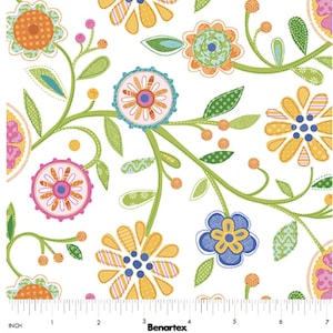 May include: White fabric with a repeating pattern of colorful flowers and vines. The flowers are in shades of yellow, orange, pink, blue, and green. The vines are green and have small green leaves. The fabric is marked with a ruler in inches.