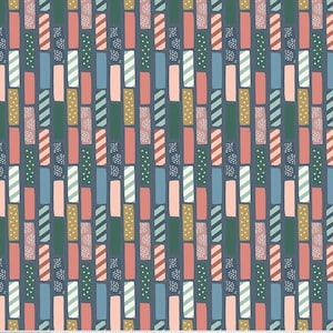 May include: A seamless pattern featuring a variety of colourful rectangular shapes with different patterns, including stripes, polka dots, and solid colours. The background is a dark blue.