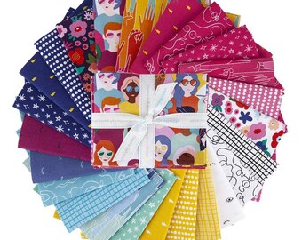 Riley Blake Grl Pwr, 24-Piece Fat Quarter Bundle, Pink, Blue, Green, Yellow, White, 100% Cotton Fabric