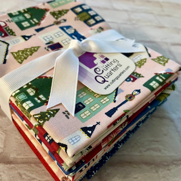 Christmas Village 8-Piece Fat Quarter Bundle by Katherine Lenius for by Riley Blake Designs, 100% Fine Cotton Fabric, CHVI-FQ8