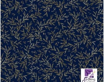 Joyful - Pine Branch Vines Navy with Metallic Highlights, 100% Cotton, JOYF 5893 N