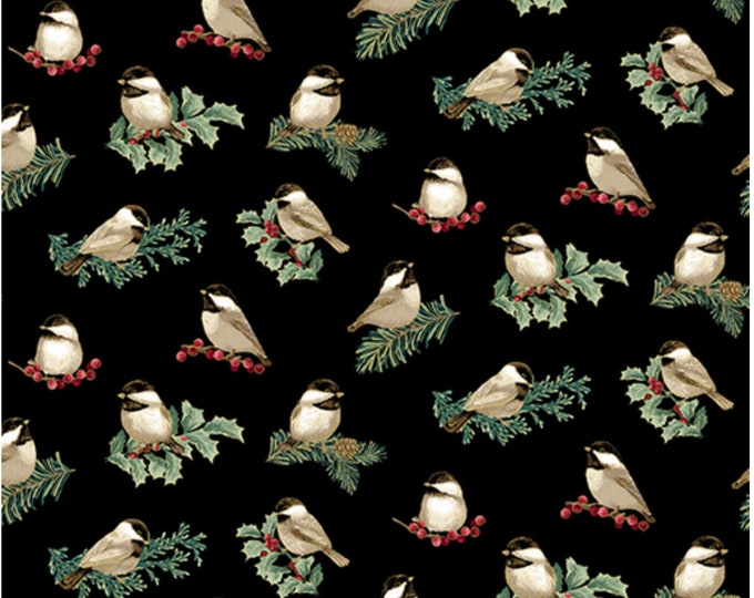 Charming Chickadees-Black Enhanced with Metallic Gold, Festive Medley by Jackie Robinson, Benartex Designer Fabrics, 100% Cotton, 13182M-12