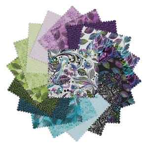 May include: A collection of fabric swatches arranged in a circle, featuring diverse floral and abstract designs. The colour scheme includes green, purple, blue, and white. Each swatch has a scalloped edge, displaying the different patterns.