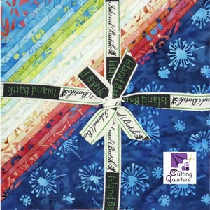 May include: A stack of colorful batik fabric squares, tied with a ribbon that reads "Island Batik." The fabrics feature various floral and abstract patterns in shades of blue, green, red, and cream. The Cutting Quarters logo is in the bottom right corner.