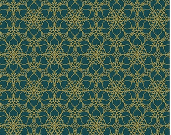 Golden Medallion-Teal Enhanced with Metallic Gold, Festive Medley by Jackie Robinson, Benartex Designer Fabrics, 100% Cotton, 13183M-85