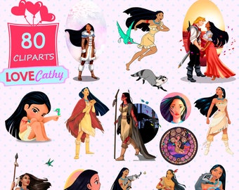May include: A collection of 80 cliparts featuring various illustrations of a Native American woman in different poses and outfits. The cliparts include a raccoon, a hummingbird, and text that reads "80 Cliparts LOVE Cathy". The background is light pink with white polka dots.