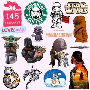 Pode incluir: Uma coleção de 145 imagens de clipart com tema Star Wars. As imagens incluem personagens como Yoda, Chewbacca, Darth Vader e o Mandaloriano. Também há imagens da Estrela da Morte, do Millennium Falcon e outros elementos icônicos de Star Wars. O clipart é perfeito para criar projetos, artesanato e outras atividades criativas.