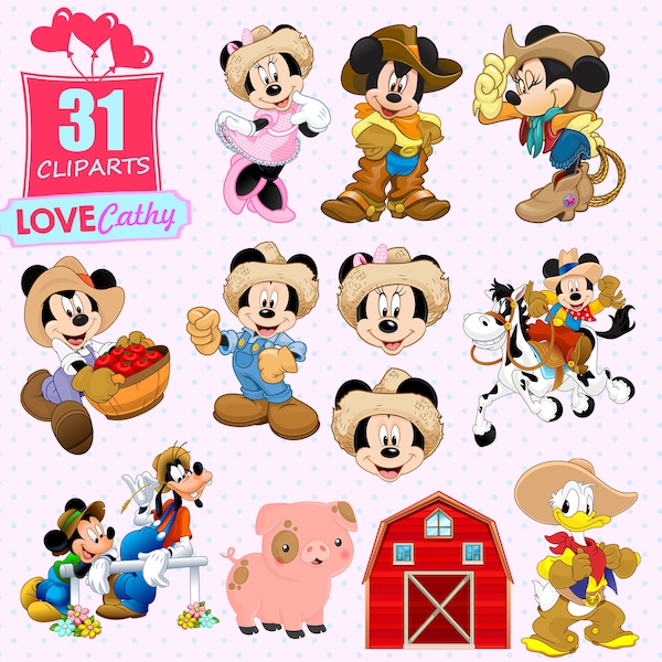 Mickey, Minnie Cowboy Clipart Digital, PNG, Printable, Party, Decoration, Instant download