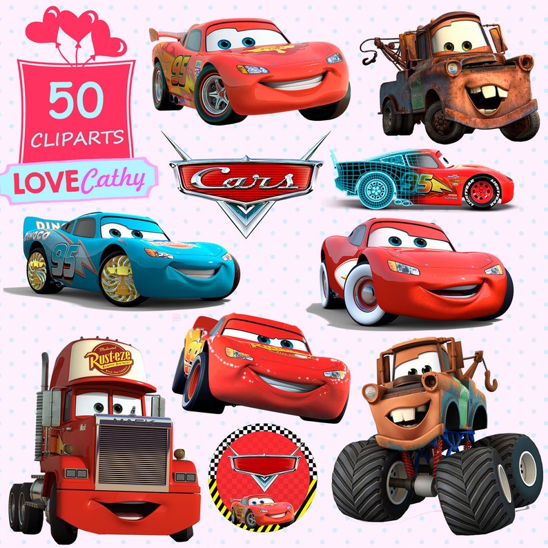 May include: A set of 50 clipart images featuring characters from the Disney Pixar movie Cars. The clipart includes images of Lightning McQueen, Mater, and other characters from the movie. The clipart is perfect for creating invitations, party decorations, and other crafts.