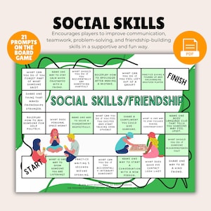 Pode incluir: Um jogo de tabuleiro colorido intitulado "Habilidades Sociais/Amizade" com dicas para melhorar a comunicação e o trabalho em equipe. O tabuleiro do jogo apresenta ilustrações de pessoas e dicas de texto como "O que você pode fazer se esquecer o que alguém disse?"