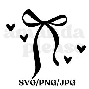 May include: Black and white silhouette of a bow with four small hearts. The bow is tied in a knot and the tails are long and flowing. The hearts are scattered around the bow.