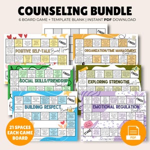 Puede incluir: Un paquete de asesoramiento que incluye seis juegos de mesa y plantillas imprimibles. Los juegos incluyen Positive Self-Talk, Organization/Time Management, Social Skills/Friendship, Exploring Strengths, Building Respect y Emotional Regulation.