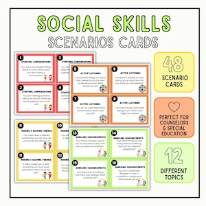 May include: A set of Social Skills Scenarios Cards featuring 48 cards across 12 topics. The cards are colour-coded in red, orange, yellow, and green, displaying numbered scenarios with text prompts and small illustrations of people interacting.
