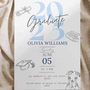 Invito personalizzato per la festa di laurea - Classe del 2025 - Elegante design blu e bianco - Modello Canva