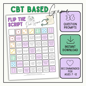 May include: A CBT based game titled Flip The Script Dice Game featuring a grid of 36 question prompts. The game includes colorful dice icons and text boxes with cognitive reframing exercises. Three side boxes indicate 36 question prompts, instant download, and recommended for ages 7-12.