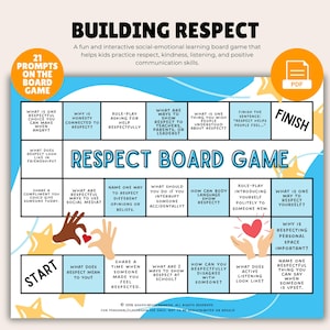May include: A colorful board game titled "Respect Board Game" with prompts about respect, kindness, and communication. The game includes a start and finish area, with various questions and activities. The text "Building Respect" is at the top.