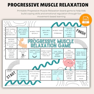 Può includere: Gioco da tavolo stampabile "Progressive Muscle Relaxation Game". Il gioco aiuta i bambini a sviluppare capacità di coping e regolazione emotiva. Il tabellone include istruzioni come "Gonfia le guance come un palloncino" e "Fletti i muscoli del braccio".
