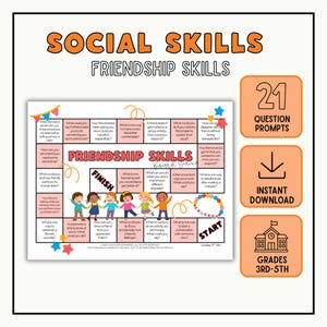 Może przedstawiać: Gra planszowa zatytułowana Friendship Skills zawierająca siatkę 21 pytań dotyczących interakcji społecznych. Gra zawiera ilustracje różnych dzieci trzymających się za ręce, punkt startowy, punkt końcowy oraz trzy pomarańczowe panele boczne.