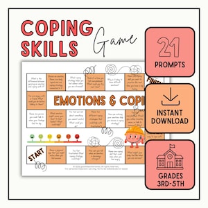 以下が含まれることがあります： 「Coping Skills Game」というタイトルのボードゲームで、感情や対処法に関する質問が並ぶグリッドが特徴です。スタート地点、ゴール地点、色分けされた感情スケール、ヘルメットをかぶった脳のキャラクターのイラストが含まれています。