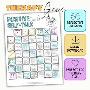 Pode incluir: Uma folha de jogo de terapia imprimível intitulada Positive Self-Talk Dice Game com uma grade de 36 perguntas de reflexão. O documento inclui ícones de dados coloridos, quadrados numerados e três caixas laterais indicando 36 perguntas de reflexão, download instantâneo e uso em terapia e SEL.