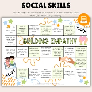 Puede incluir: Un colorido juego de mesa educativo titulado "Habilidades sociales" con preguntas sobre la empatía. El juego incluye preguntas sobre sentimientos, escenarios y acciones, diseñado para el juego interactivo. El juego tiene un inicio y un final.