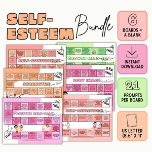 May include: A self-esteem bundle featuring six printable board games with prompts for self-reflection, positive self-talk, body image, strengths, and growth mindset. Each board is US letter size, 21.8 cm by 27.9 cm, and available for download.