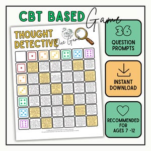 Può includere: Un gioco basato sulla TCC intitolato Thought Detective Dice Game con una griglia di 36 domande. Il foglio include icone di dadi colorati, una lente d'ingrandimento e tre riquadri laterali con le scritte 36 Question Prompts, Instant Download e Recommended for Ages 7-12.