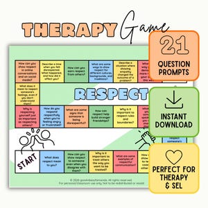 Può includere: Un gioco da tavolo intitolato RESPECT con 21 domande in quadrati colorati. Il gioco include una casella START, illustrazioni di persone che si danno il cinque e si stringono la mano, e riquadri di testo che indicano 21 domande e download.