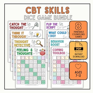 May include: A CBT Skills Dice Game bundle featuring eight printable counseling games for ages 7-12. The set includes game sheets titled Catch the Thought, Flip the Script, Think It Through, What Could I Do, Thought Detective, Behavior Boost, Feeling & Thoughts, and Coping Toolbox, all in PDF format.
