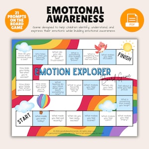 Op de afbeelding: Een bordspel genaamd Emotion Explorer met een regenboogachtergrond, een start- en finishpunt, en 21 vakjes met vragen over emoties. Het spel bevat illustraties van wolken, een heteluchtballon, een vogel en een zon.