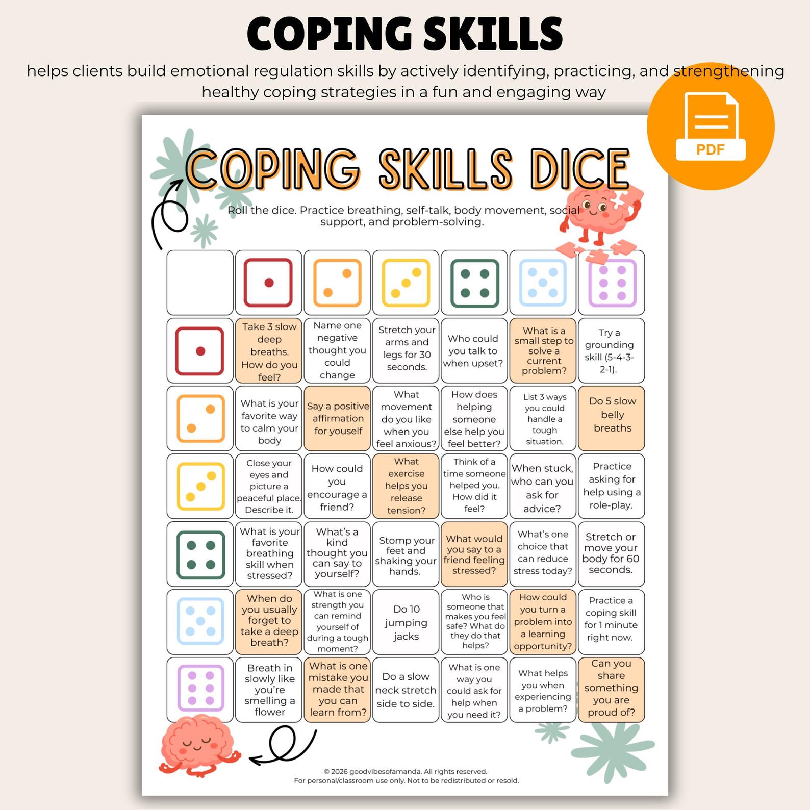 Therapy Dice Game | Coping Skills Activity for Kids & Teens | SEL Game ...