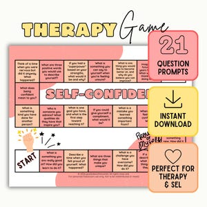 May include: A board game titled Therapy Game with the subtitle Self-Confidence. The game board features a path of squares with 21 question prompts for self-reflection. Three side boxes indicate 21 question prompts, instant download, and therapy and SEL. The design uses pink, yellow, and peach colors with a hand icon and a heart icon.