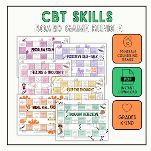 May include: A CBT Skills Board Game Bundle featuring six printable counseling games for grades K-2nd. The set includes game boards titled Problem Solving, Positive Self-Talk, Feeling & Thoughts, Flip the Thought, Think, Feel, and Thought Detective.
