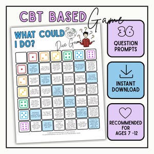 May include: A CBT based dice game printable sheet titled What Could I Do with a grid of 36 question prompts. The sheet features colorful dice icons, a cartoon character, and text boxes. Includes side panels with 36 question prompts, instant download, and ages 7-12.