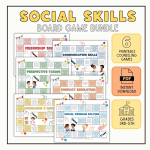 Peut inclure: Un ensemble de jeux de société sur les compétences sociales comprenant six jeux imprimables pour les niveaux 3e à 5e année. Le kit inclut des plateaux sur l'amitié, la communication, la perspective, les conflits, les limites et la résolution.